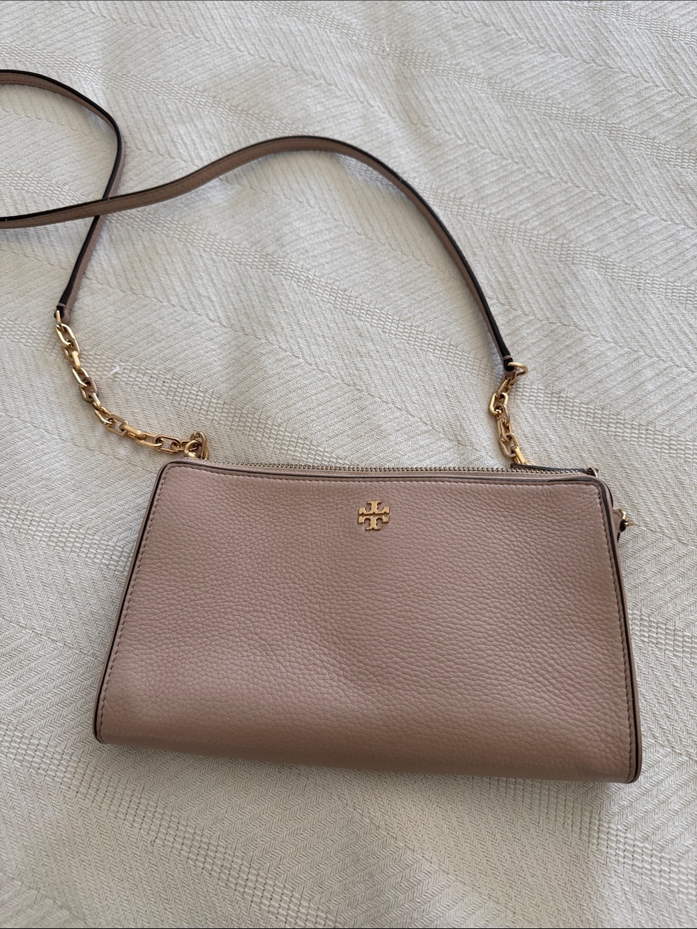 Tory Burch Blush Taupe Pebbled Leather Crossbody with Gold Trim